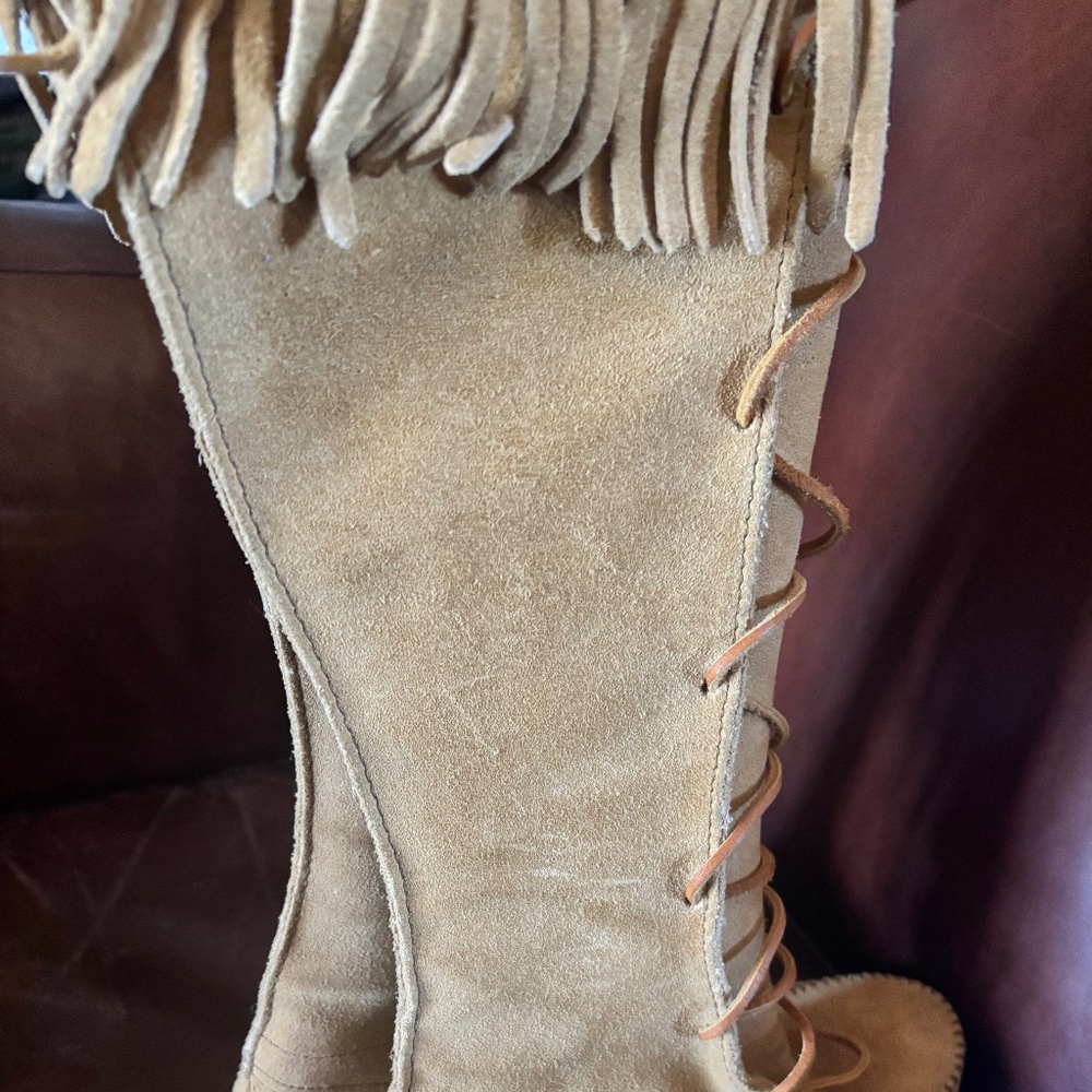 Tall Tan Leather Minnetonka Moccasin Boots - Picture 12 of 13
